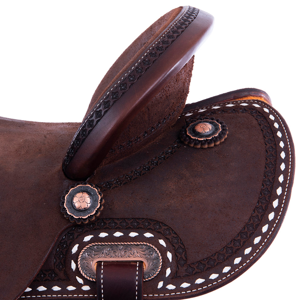 Chocolate Roughout Barrel Saddle- Round Skirts, 1/2 Celtic Border, White Buckstitch Skirt, Cheyenne
