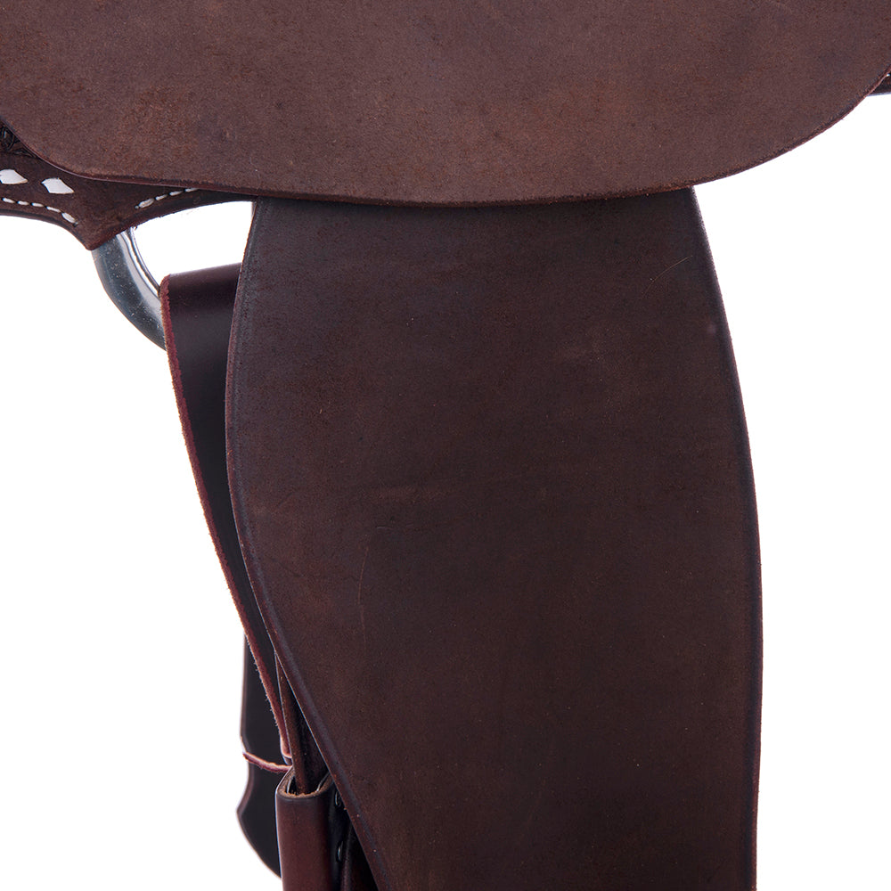 Chocolate Roughout Barrel Saddle- Round Skirts, 1/2 Celtic Border, White Buckstitch Skirt, Cheyenne