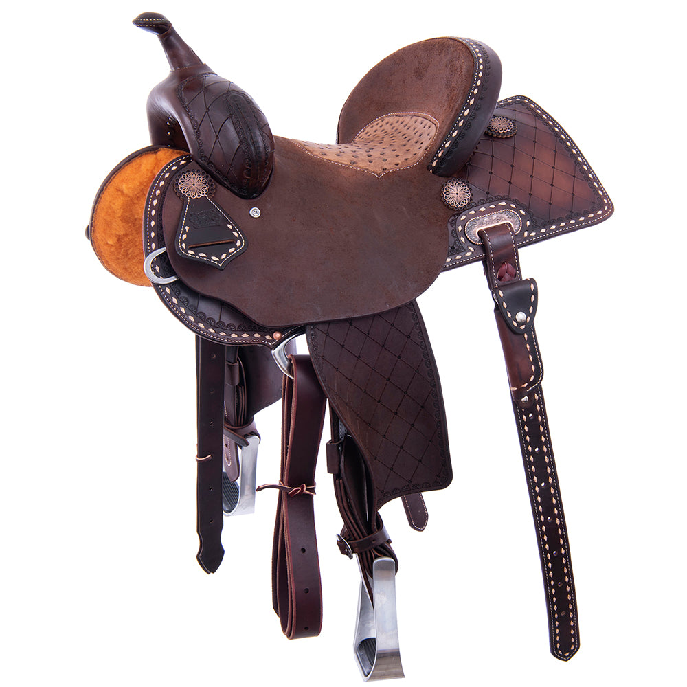 Chocolate 1/2 Smooth 1/2 Roughout Barrel Saddle- Semi Square- 1/2 Deeter Border; 7/8 Quilt; Natural Buckstitch- Cheyenne- Natural Ostrich Inlay