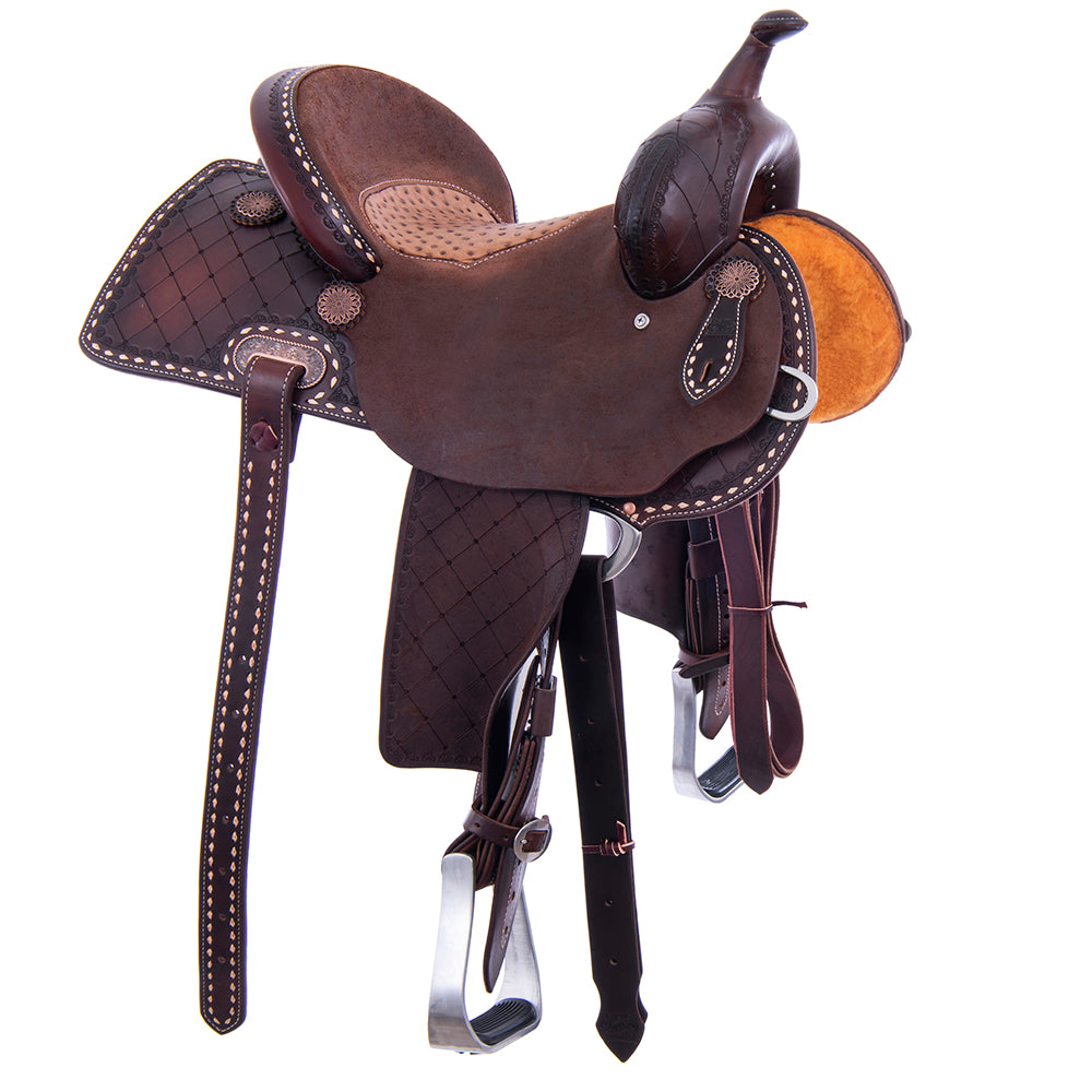 Chocolate 1/2 Smooth 1/2 Roughout Barrel Saddle- Semi Square- 1/2 Deeter Border; 7/8 Quilt; Natural Buckstitch- Cheyenne- Natural Ostrich Inlay