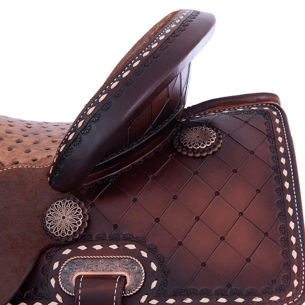 Chocolate 1/2 Smooth 1/2 Roughout Barrel Saddle- Semi Square- 1/2 Deeter Border; 7/8 Quilt; Natural Buckstitch- Cheyenne- Natural Ostrich Inlay