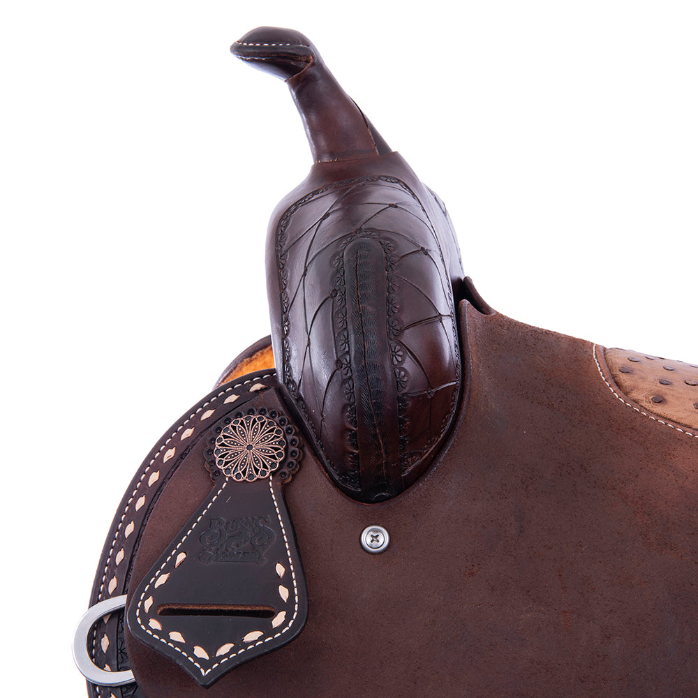 Chocolate 1/2 Smooth 1/2 Roughout Barrel Saddle- Semi Square- 1/2 Deeter Border; 7/8 Quilt; Natural Buckstitch- Cheyenne- Natural Ostrich Inlay