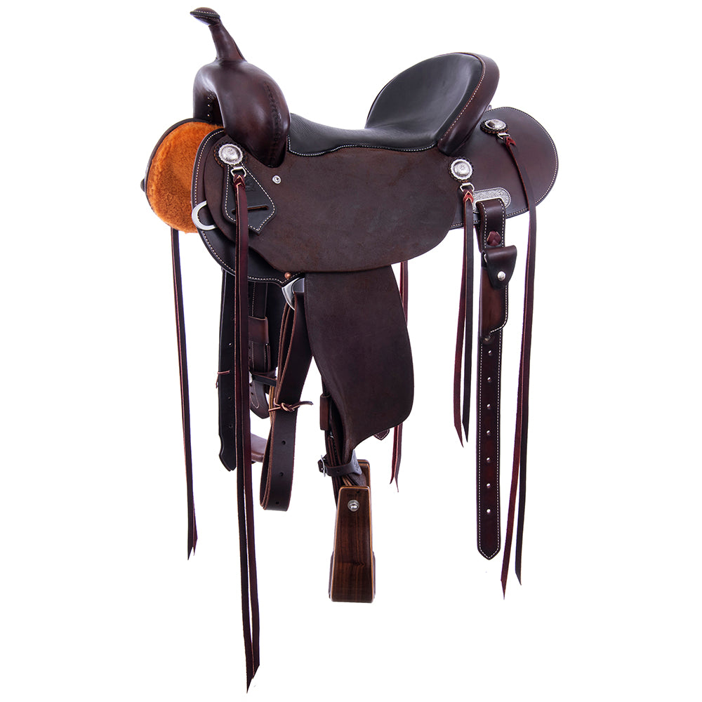 Chocolate 1/2 Smooth 1/2 Roughout Barrel Saddle- Round Skirts, No Tooling, Cheyenne, Full Smooth Black Pad