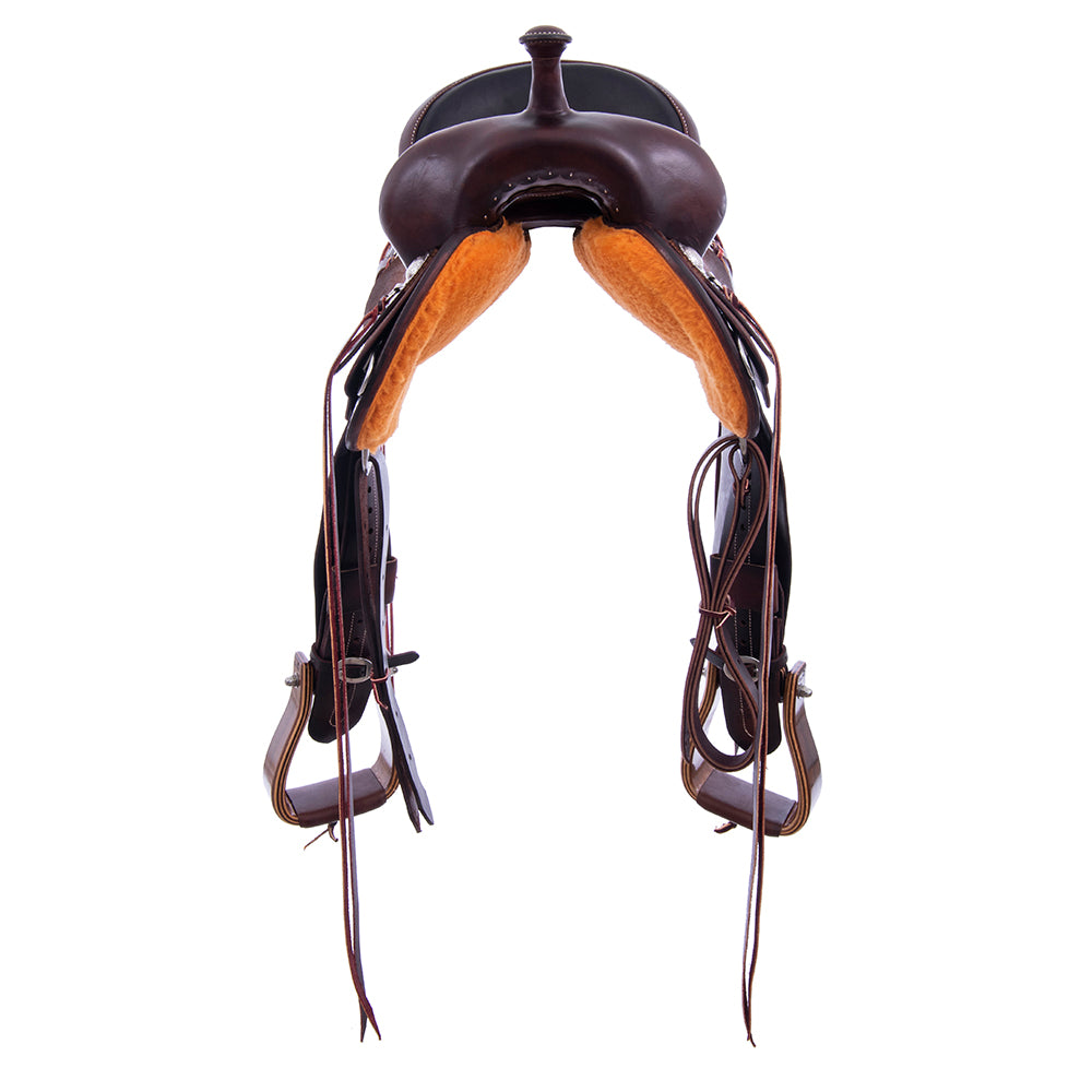 Chocolate 1/2 Smooth 1/2 Roughout Barrel Saddle- Round Skirts, No Tooling, Cheyenne, Full Smooth Black Pad