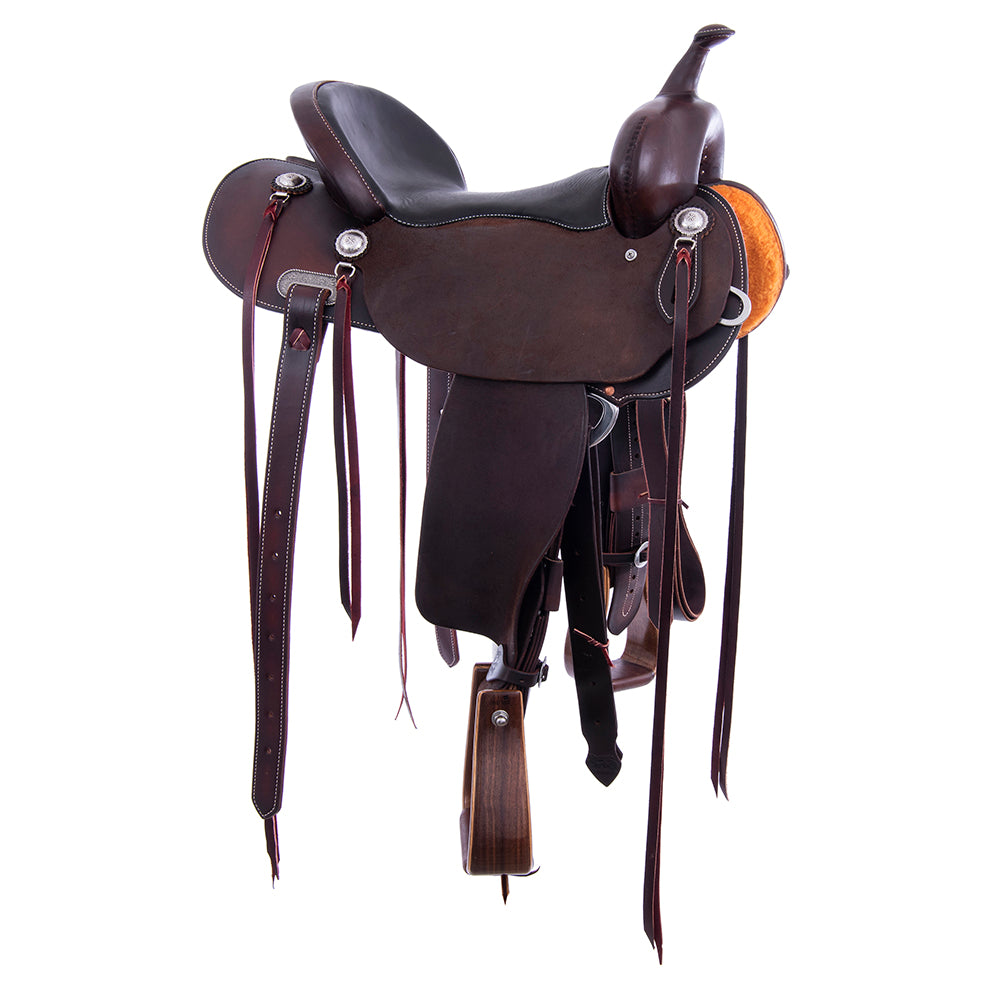 Chocolate 1/2 Smooth 1/2 Roughout Barrel Saddle- Round Skirts, No Tooling, Cheyenne, Full Smooth Black Pad