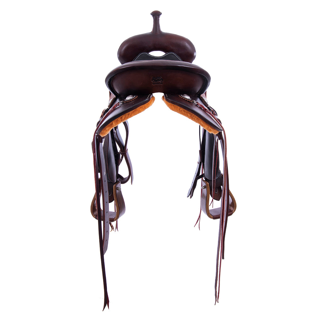 Chocolate 1/2 Smooth 1/2 Roughout Barrel Saddle- Round Skirts, No Tooling, Cheyenne, Full Smooth Black Pad
