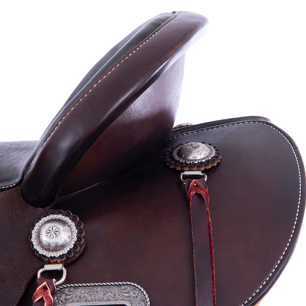 Chocolate 1/2 Smooth 1/2 Roughout Barrel Saddle- Round Skirts, No Tooling, Cheyenne, Full Smooth Black Pad