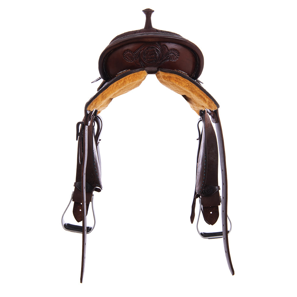 Barrel Saddle – Chocolate Smoothout/Roughout, Round Skirt, Buckstitched Feather Floral Corner Tooling