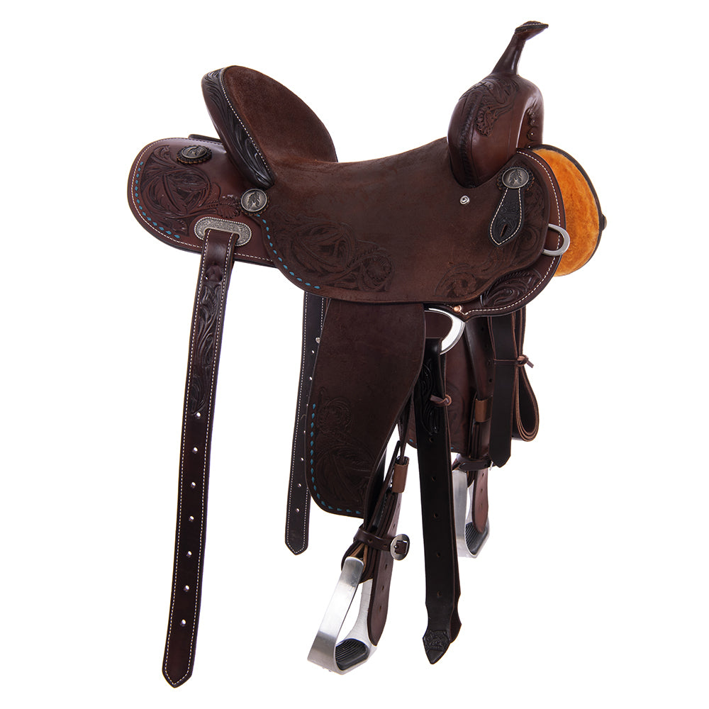 Barrel Saddle – Chocolate Smoothout/Roughout, Round Skirt, Buckstitched Feather Floral Corner Tooling
