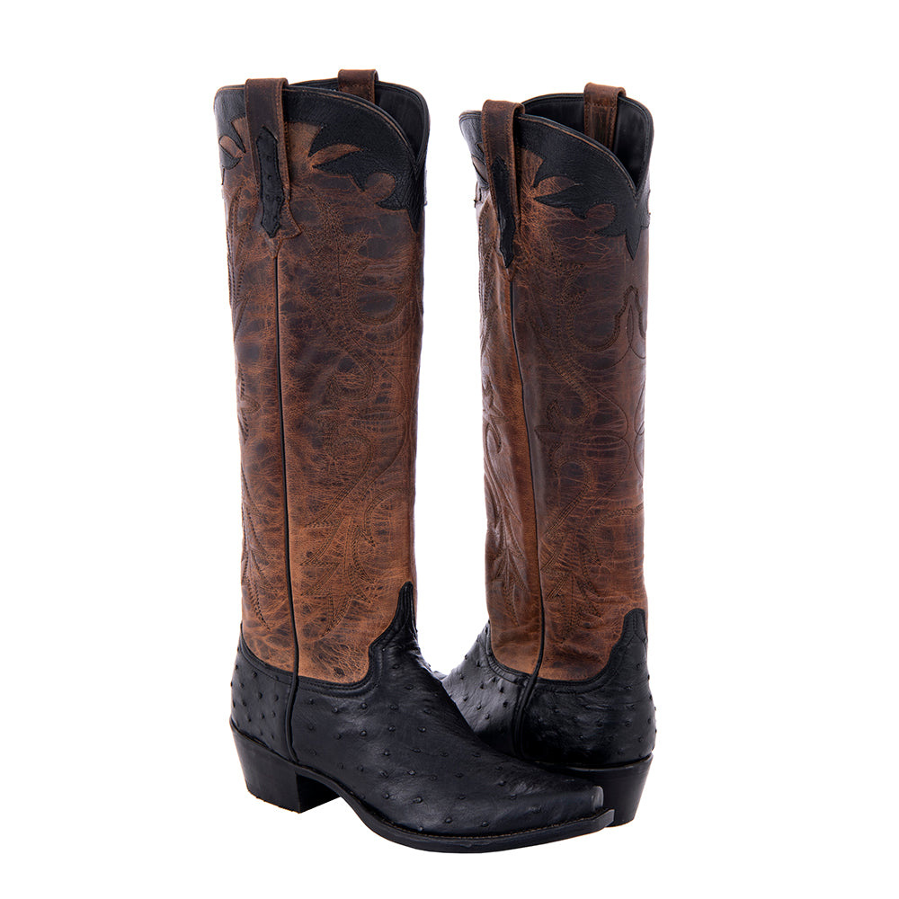 Ladies 17" Black FQ Ostrich Canella Goat Ostrich Collar Old Nugget Cowboy Boot