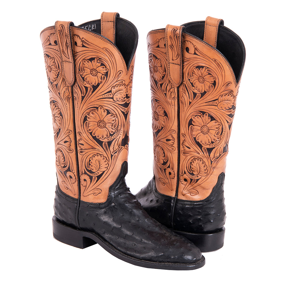Ladies Cowboy 13" Black Ostrich Tooled Tops