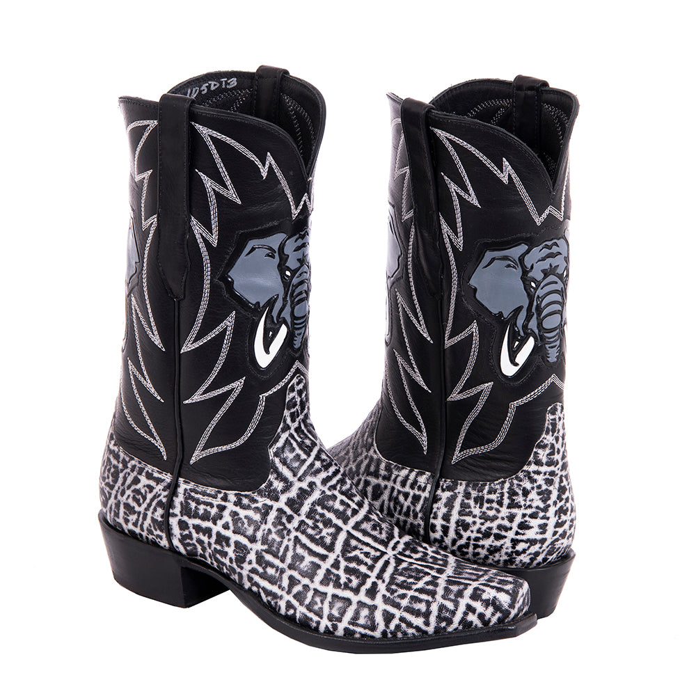 Men's Cowboy 12"Vintage Black/White Elephant/Black Aniline w/Toolded Inlay