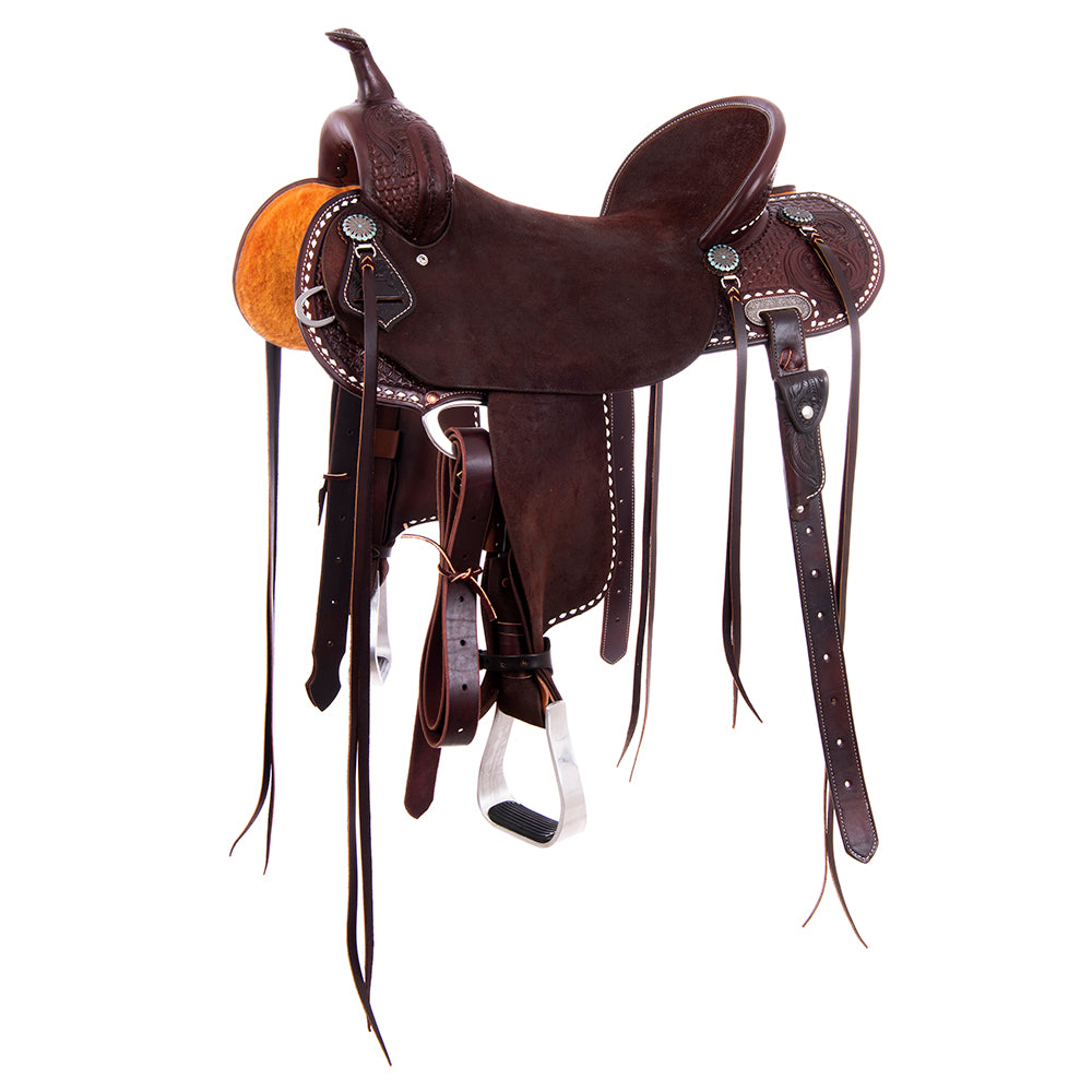 Burns Chocolate SO/RO Barrel Saddle - Round - 1/2 Diamon Waffle w/ Sunflower - Standard Binding