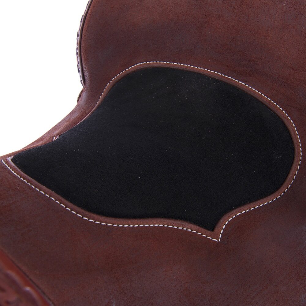Barrel Saddle – Chestnut Smoothout/Roughout, Round Skirt, San Carlos Border, Black Suede Inlay