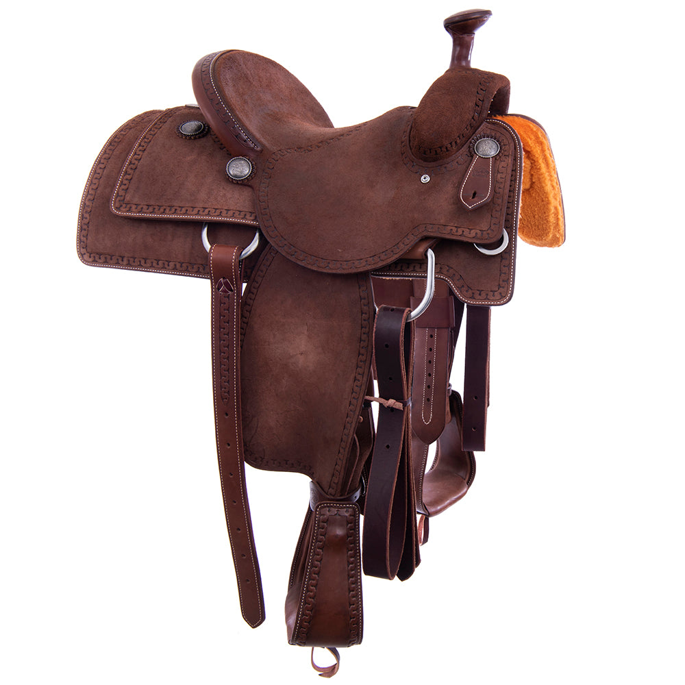 Chocolate Roughout Rope Saddle- Semi Square Skirts, Snake Border, Cheyenne, Hard Seat