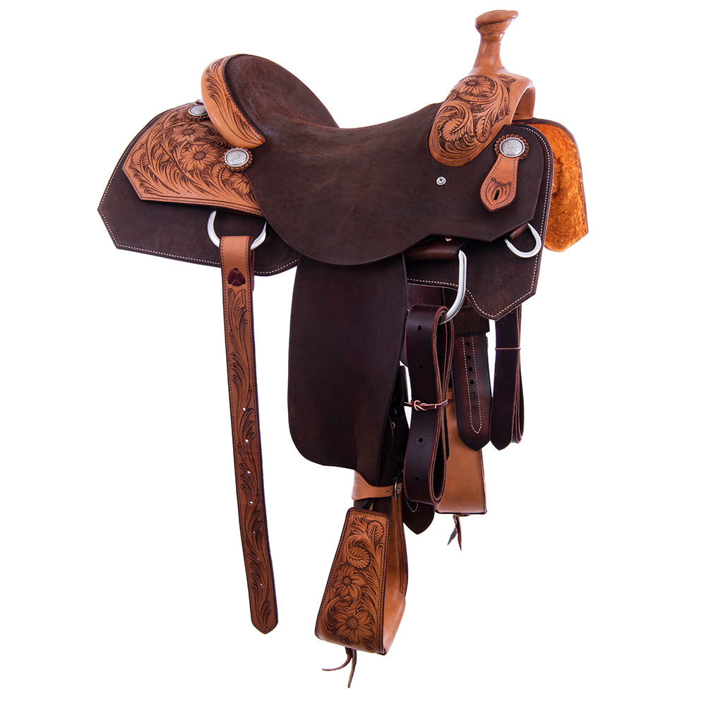 Two-Tone Roper - 1/4 Smooth Russet 3/4 Chocolate Roughout Rope Saddle- Square Notched Skirts, 1/4 Sunny D, Cheyenne