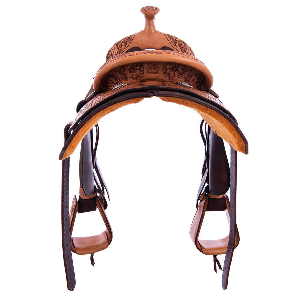Two-Tone Roper - 1/4 Smooth Russet 3/4 Chocolate Roughout Rope Saddle- Square Notched Skirts, 1/4 Sunny D, Cheyenne