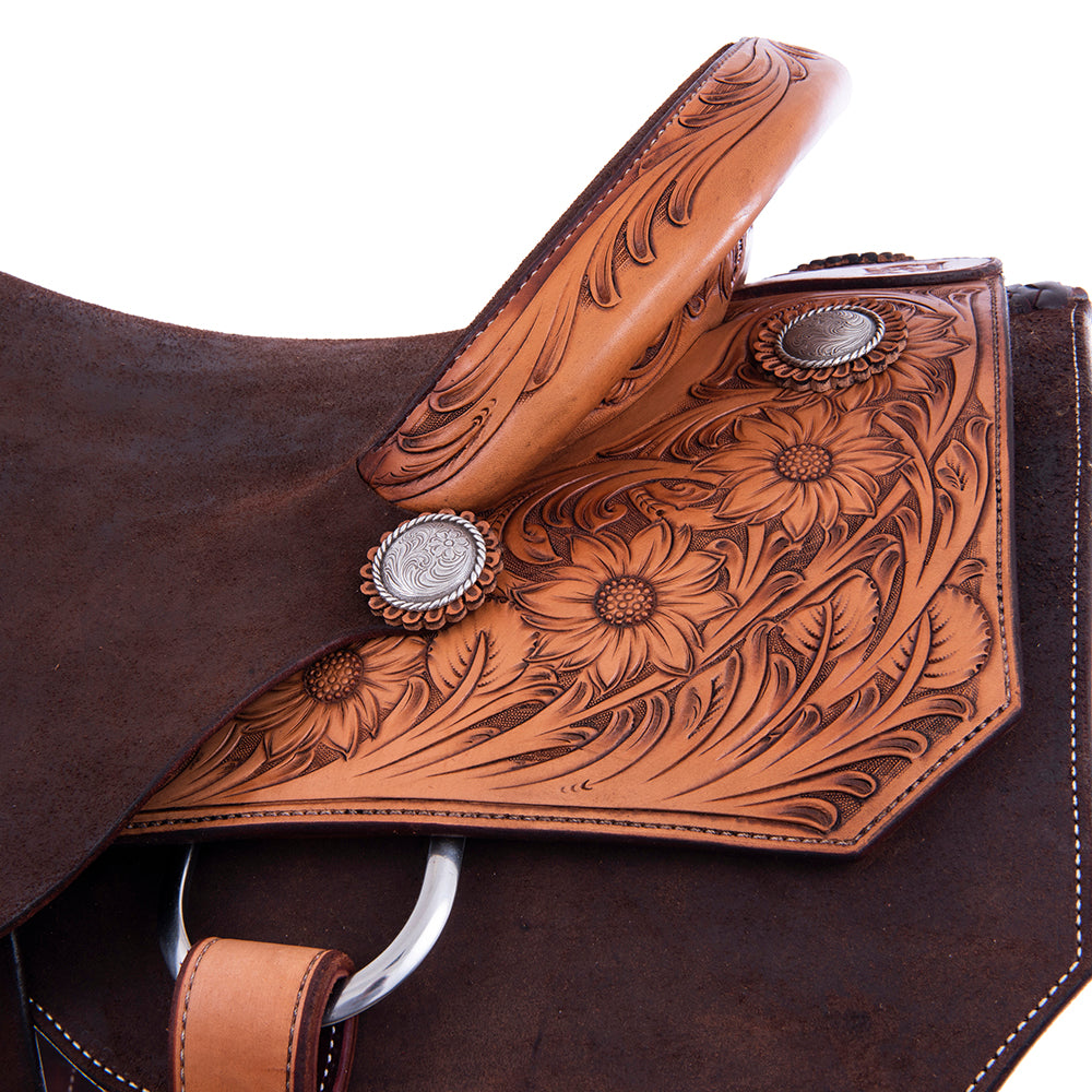 Two-Tone Roper - 1/4 Smooth Russet 3/4 Chocolate Roughout Rope Saddle- Square Notched Skirts, 1/4 Sunny D, Cheyenne