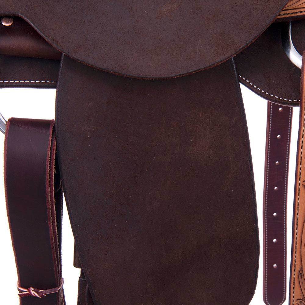 Two-Tone Roper - 1/4 Smooth Russet 3/4 Chocolate Roughout Rope Saddle- Square Notched Skirts, 1/4 Sunny D, Cheyenne