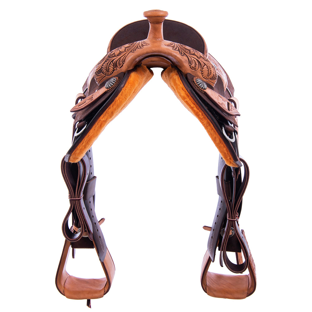 Rope Saddle- 1/4 Smooth Russet 3/4 Chocolate Roughout- Square Notched Skirts, 1/4 Sunflower