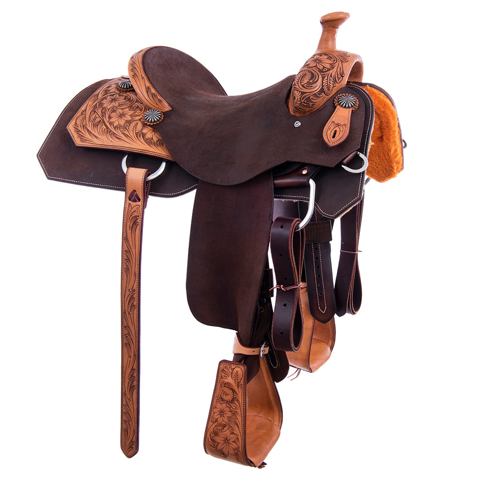 Rope Saddle- 1/4 Smooth Russet 3/4 Chocolate Roughout- Square Notched Skirts, 1/4 Sunflower