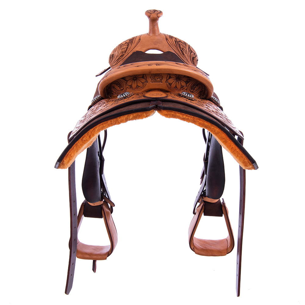 Rope Saddle- 1/4 Smooth Russet 3/4 Chocolate Roughout- Square Notched Skirts, 1/4 Sunflower