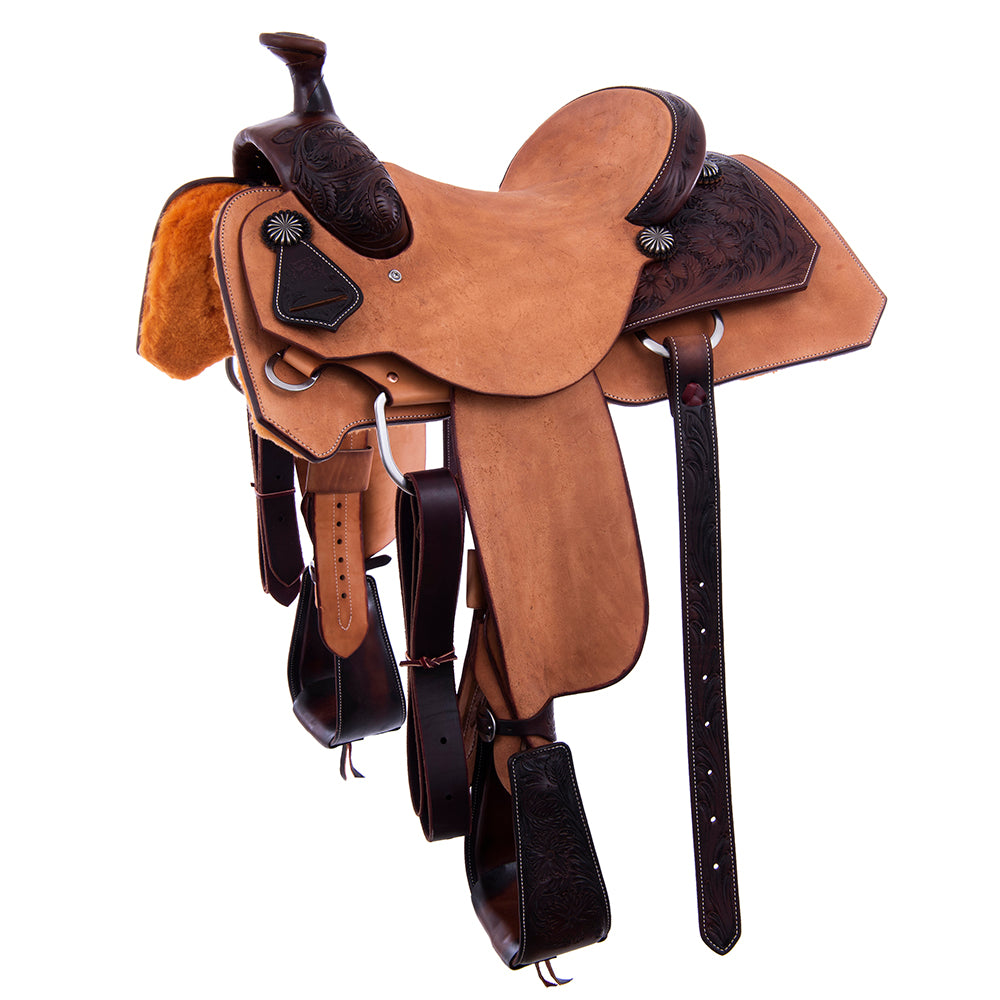 Rope Saddle- 1/4 Smooth Chocolate 3/4 Russet Roughout- Notched Skirts, 1/4 Sunflower