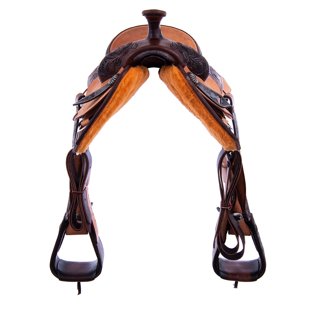 Rope Saddle- 1/4 Smooth Chocolate 3/4 Russet Roughout- Notched Skirts, 1/4 Sunflower