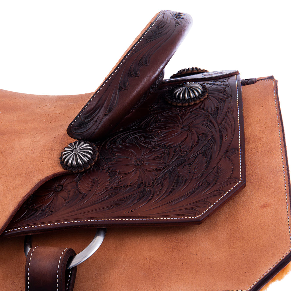 Rope Saddle- 1/4 Smooth Chocolate 3/4 Russet Roughout- Notched Skirts, 1/4 Sunflower