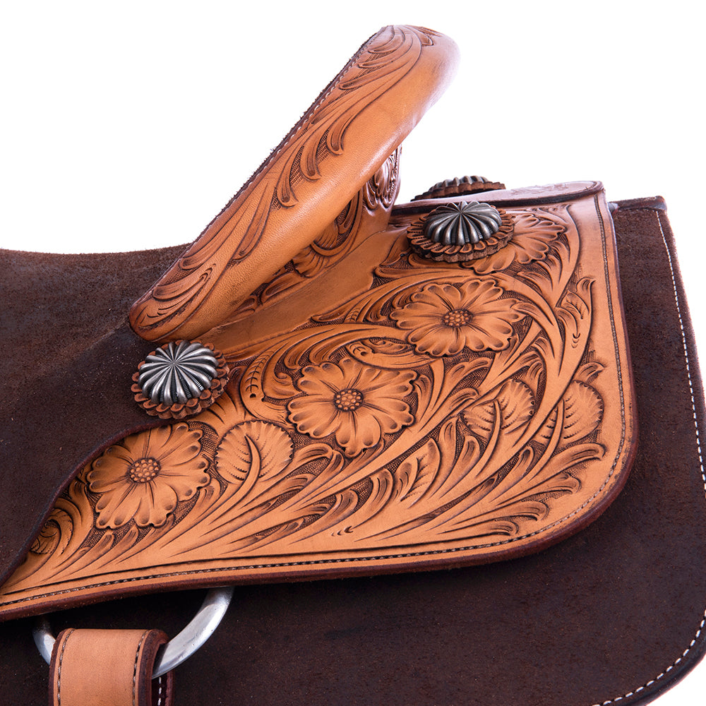 Rope Saddle- 1/4 Smooth Russet 3/4 Chocolate Roughout, Roper Skirts, 1/4 MW Floral