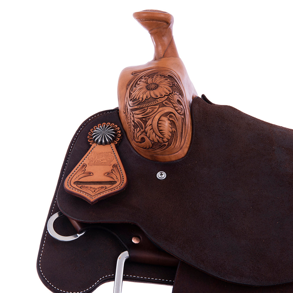 Rope Saddle- 1/4 Smooth Russet 3/4 Chocolate Roughout, Roper Skirts, 1/4 MW Floral