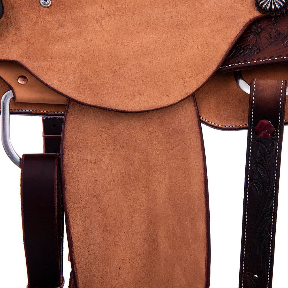 Rope Saddle- 1/4 Smooth Chocolate 3/4 Russet Roughout- Notched Skirts, 1/4 Sunflower