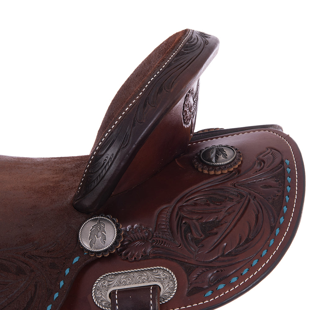 Barrel Saddle – Chocolate Smoothout/Roughout, Round Skirt, Buckstitched Feather Floral Corner Tooling