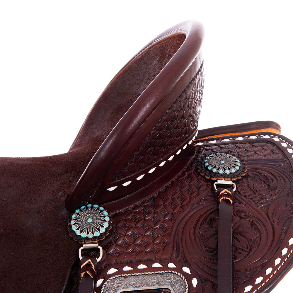 Burns Chocolate SO/RO Barrel Saddle - Round - 1/2 Diamon Waffle w/ Sunflower - Standard Binding