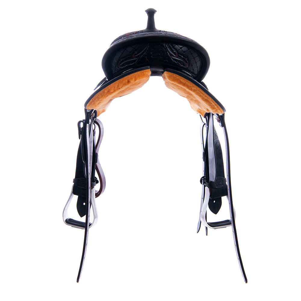1/2 Black RO/SO Trophy Saddle - Round - 3/4 Old World Feather - Cheyenne - BBR EXT - BC Caiman Inlay