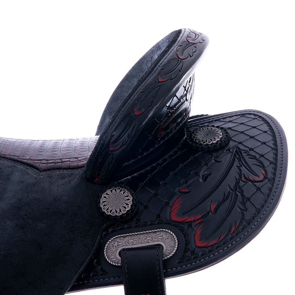 1/2 Black RO/SO Trophy Saddle - Round - 3/4 Old World Feather - Cheyenne - BBR EXT - BC Caiman Inlay