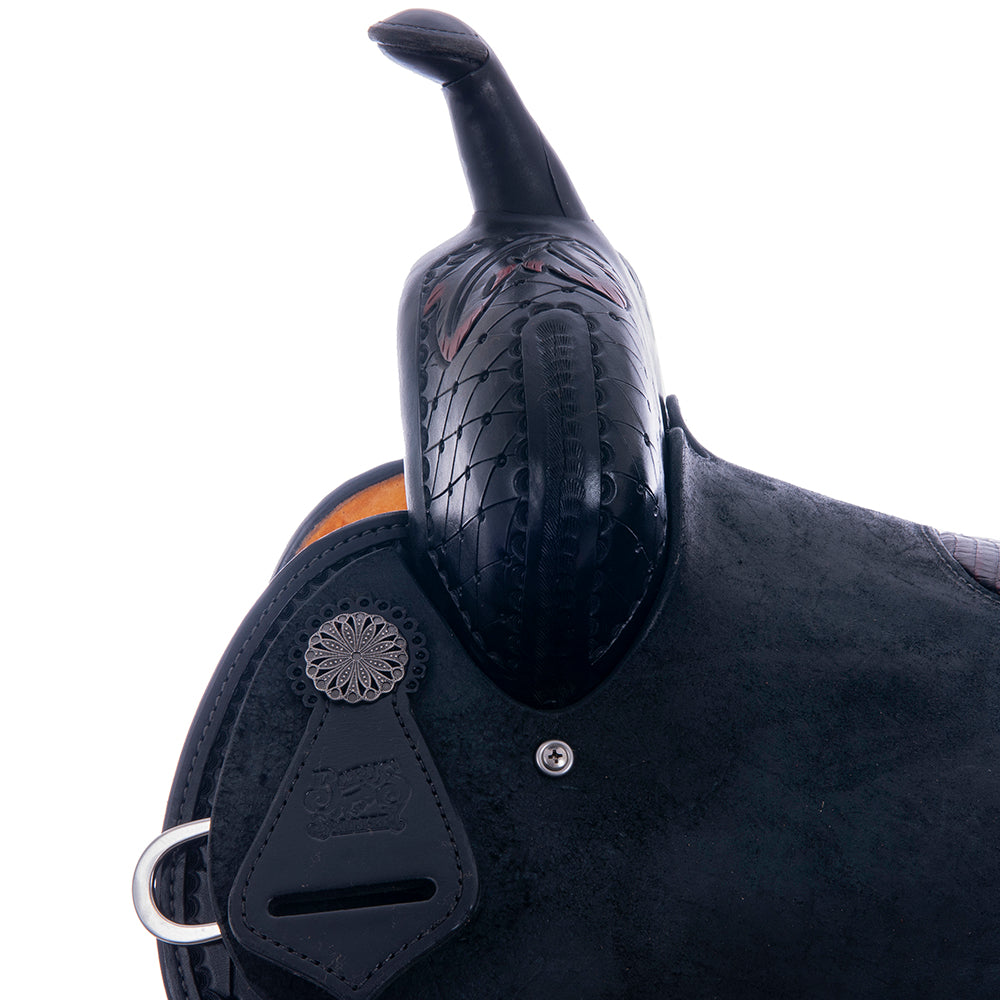 1/2 Black RO/SO Trophy Saddle - Round - 3/4 Old World Feather - Cheyenne - BBR EXT - BC Caiman Inlay
