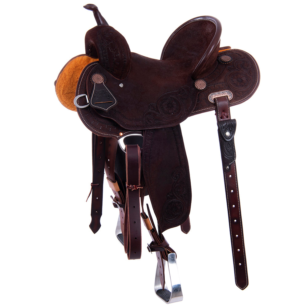 Chocolate Roughout Barrel Saddle - Round Skirts, Sunny D Deluxe Rope Border, Pencil Roll