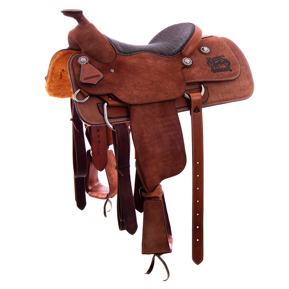 Burns Chestnut RO Bulldogging Saddle - Conventional - No Tooling - Full Elephant Padded Seat