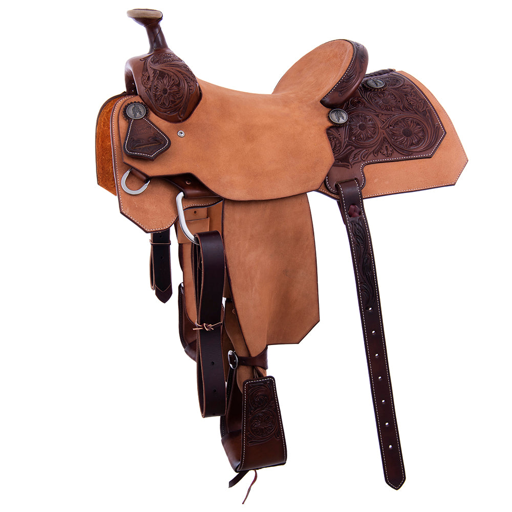 Chocolate and Russet Rope Saddle- Notched Skirts 1/4 Sunny D Tooling 14.5" Seat