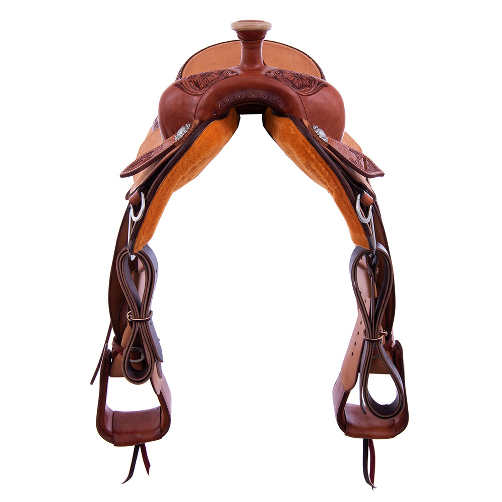 CHESTNUT AND RUSSET ROPE SADDLE- NOTCHED SKIRTS 1/4 WYO FLORAL TOOLING 14" SEAT