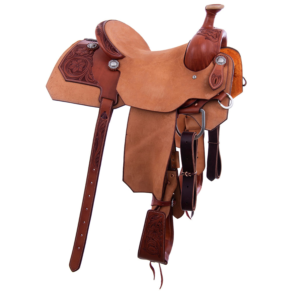 CHESTNUT AND RUSSET ROPE SADDLE- NOTCHED SKIRTS 1/4 WYO FLORAL TOOLING 14" SEAT