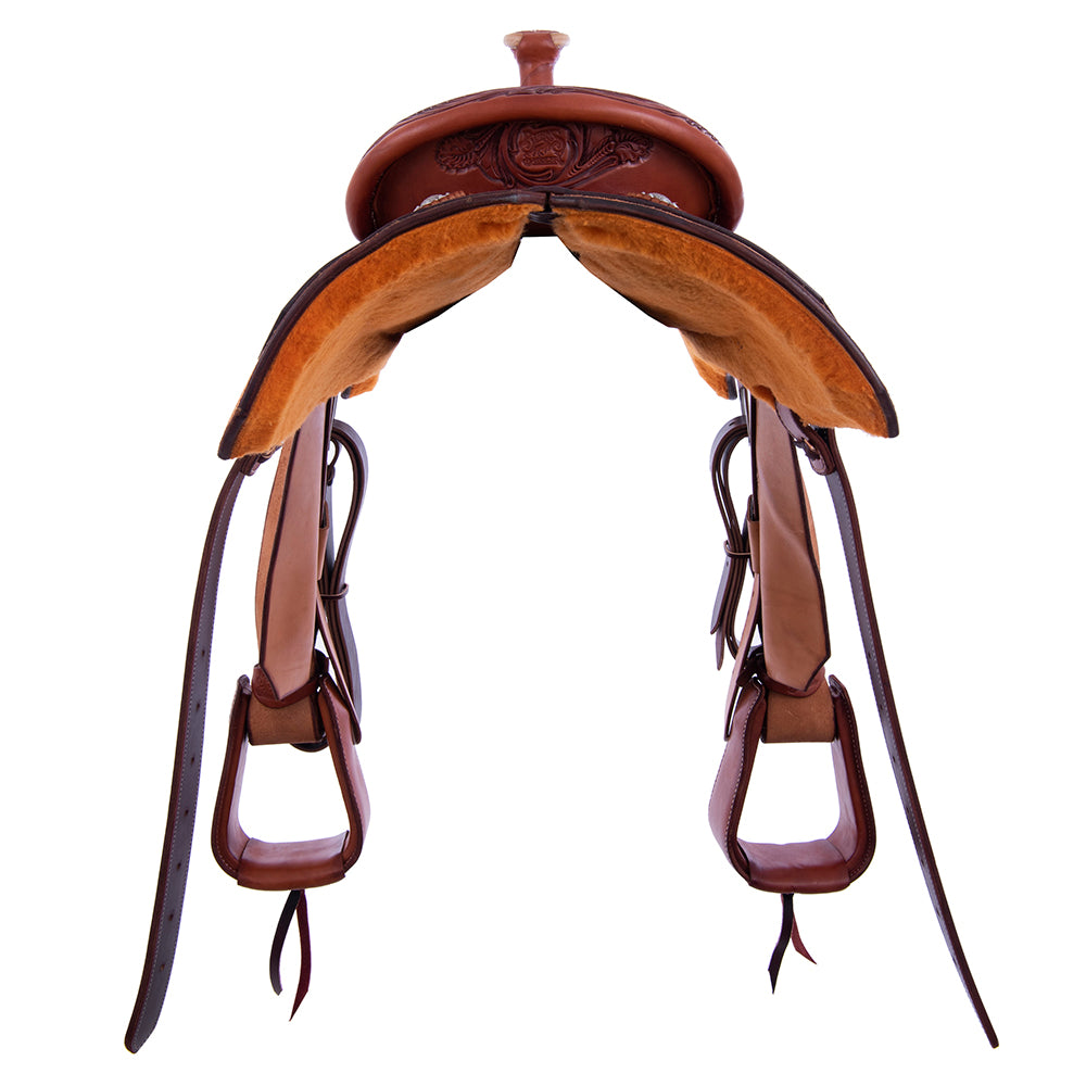 CHESTNUT AND RUSSET ROPE SADDLE- NOTCHED SKIRTS 1/4 WYO FLORAL TOOLING 14" SEAT