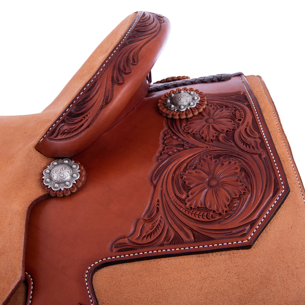 CHESTNUT AND RUSSET ROPE SADDLE- NOTCHED SKIRTS 1/4 WYO FLORAL TOOLING 14" SEAT