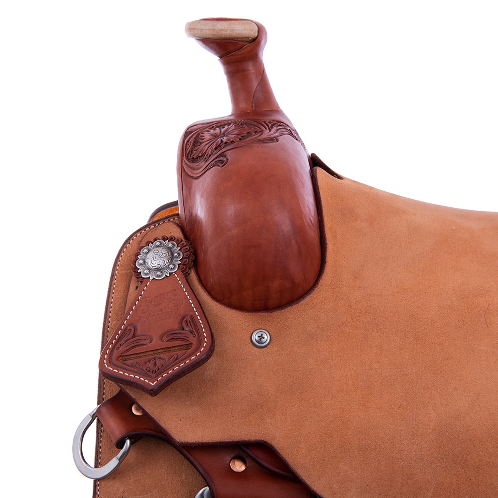 CHESTNUT AND RUSSET ROPE SADDLE- NOTCHED SKIRTS 1/4 WYO FLORAL TOOLING 14" SEAT