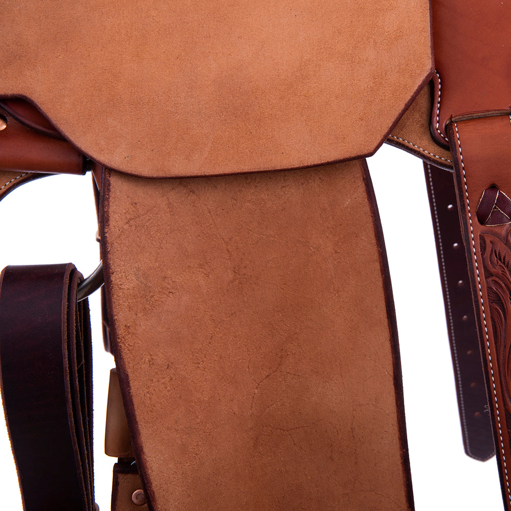 CHESTNUT AND RUSSET ROPE SADDLE- NOTCHED SKIRTS 1/4 WYO FLORAL TOOLING 14" SEAT