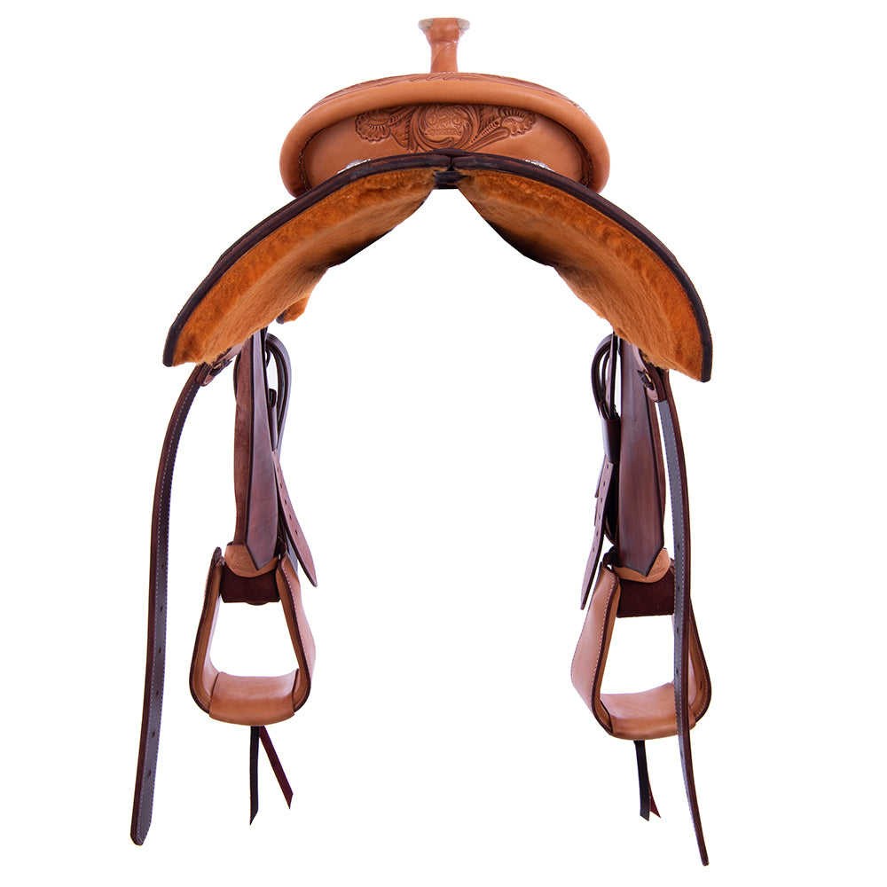 Chestnut and Russet Rope Saddle - Notched Skirts 1/4 Sunflower Tooling 14" Seat