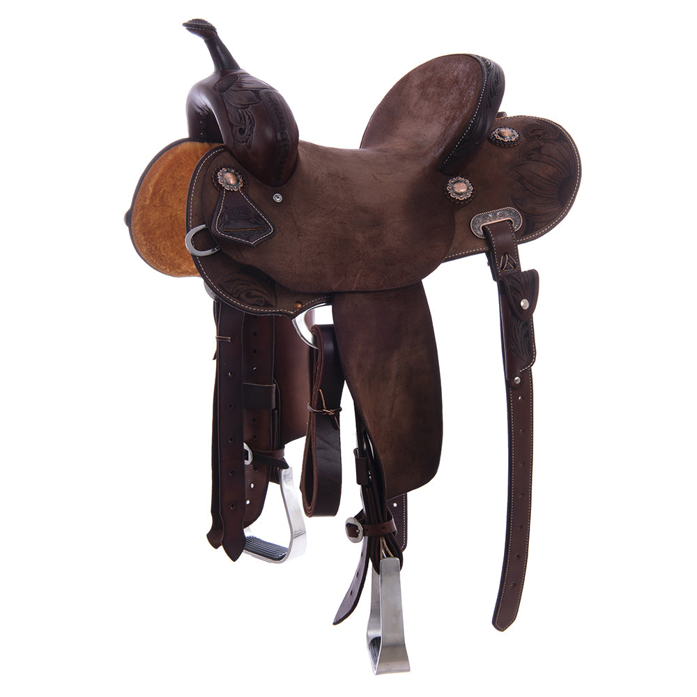 Barrel Saddle – Chocolate Smoothout/Roughout, Round Skirt, Half Sunny Daze Floral Corner Tooling