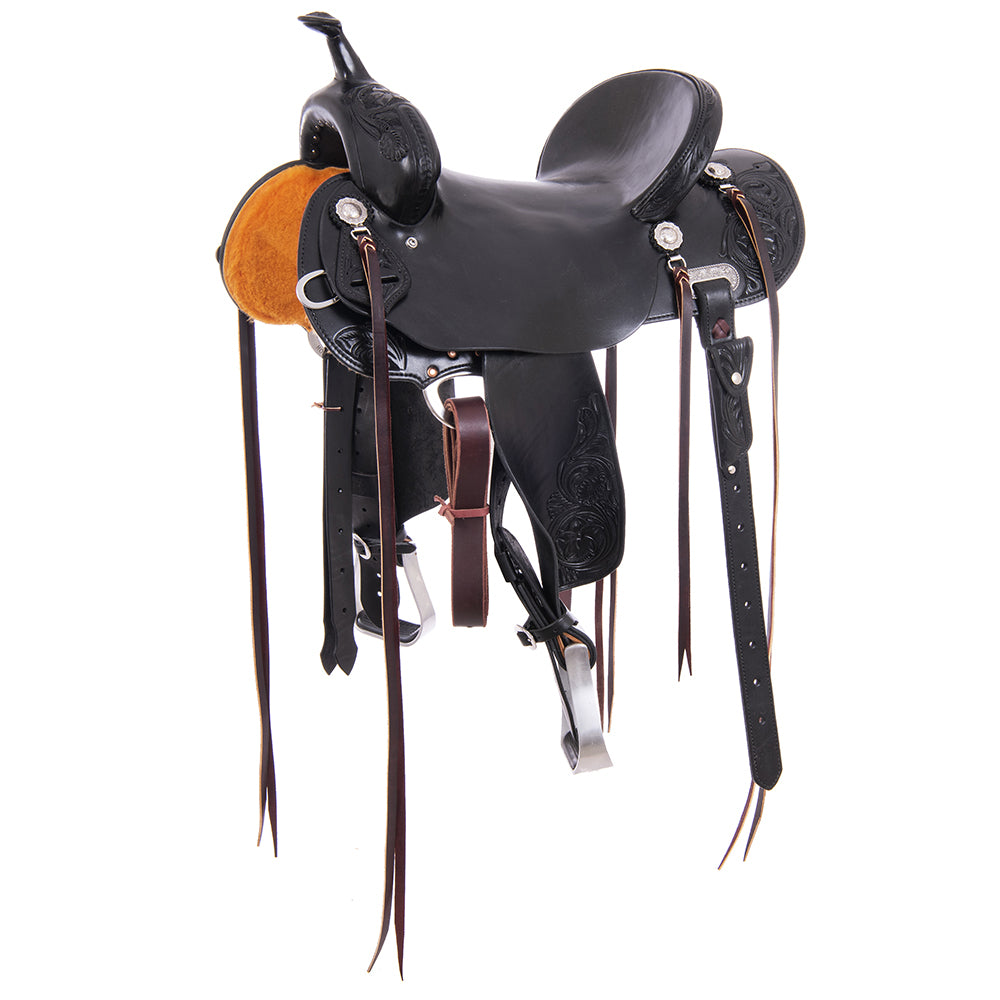 Barrel Saddle – Black Smoothout, Round Skirt, D. Daisy Floral Corner Tooling