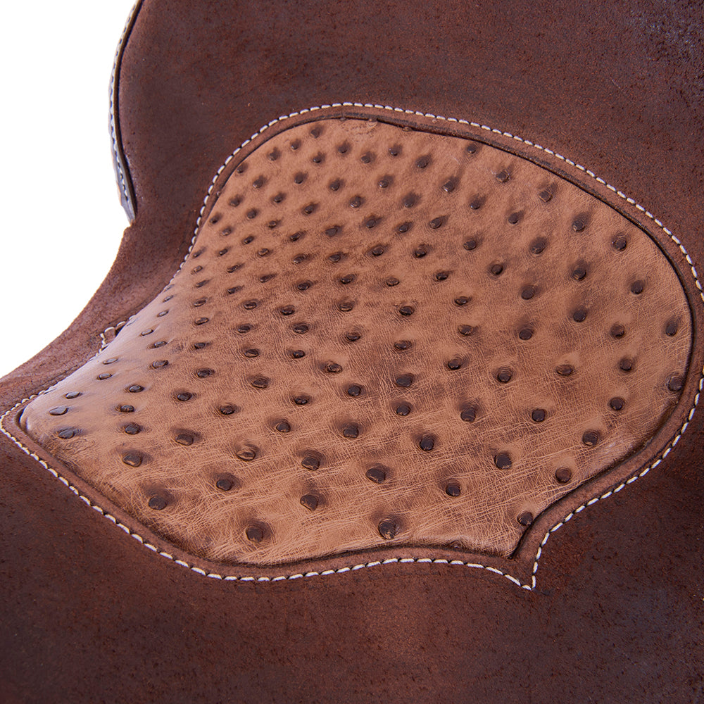 Chocolate 1/2 Smooth 1/2 Roughout Barrel Saddle- Semi Square- 1/2 Deeter Border; 7/8 Quilt; Natural Buckstitch- Cheyenne- Natural Ostrich Inlay